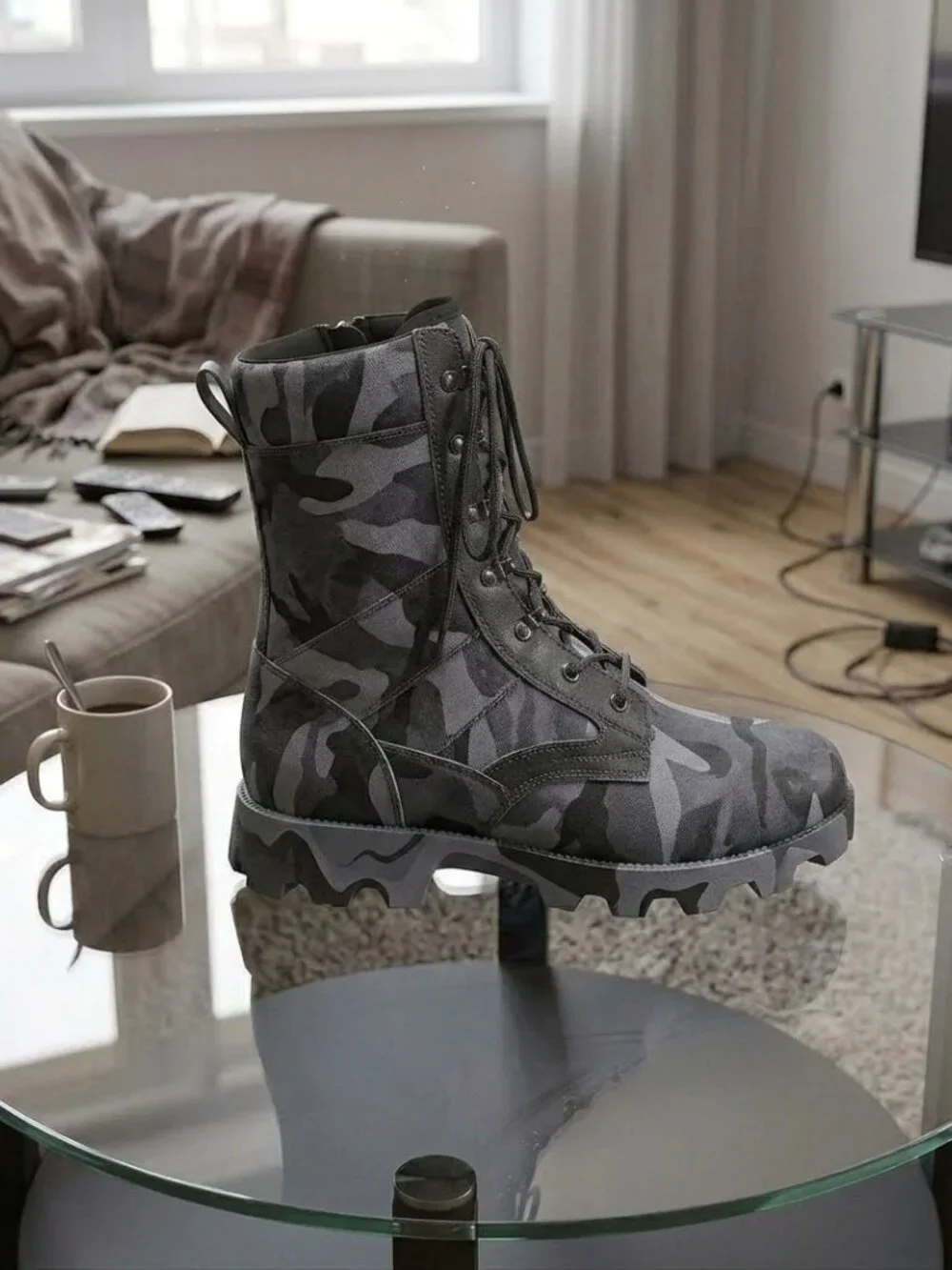 Military Tactical Boots for Work, Blue Camo Lace-Up for Men